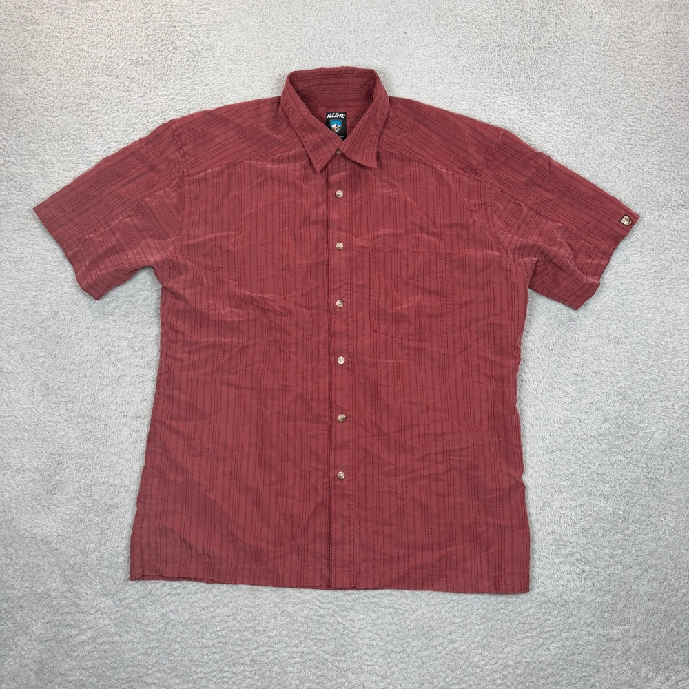 Kuhl Mens XL Short Sleeve Button Down Shirt Burgundy Red Striped Modal Blend
